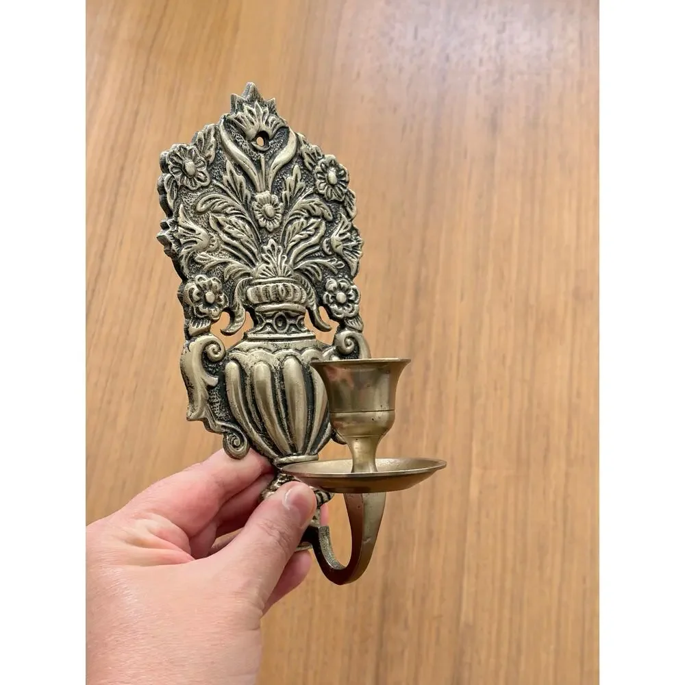 Vintage Ornate Brass Wall Sconce Candle Holder Moody Wall Art Floral Repoussé